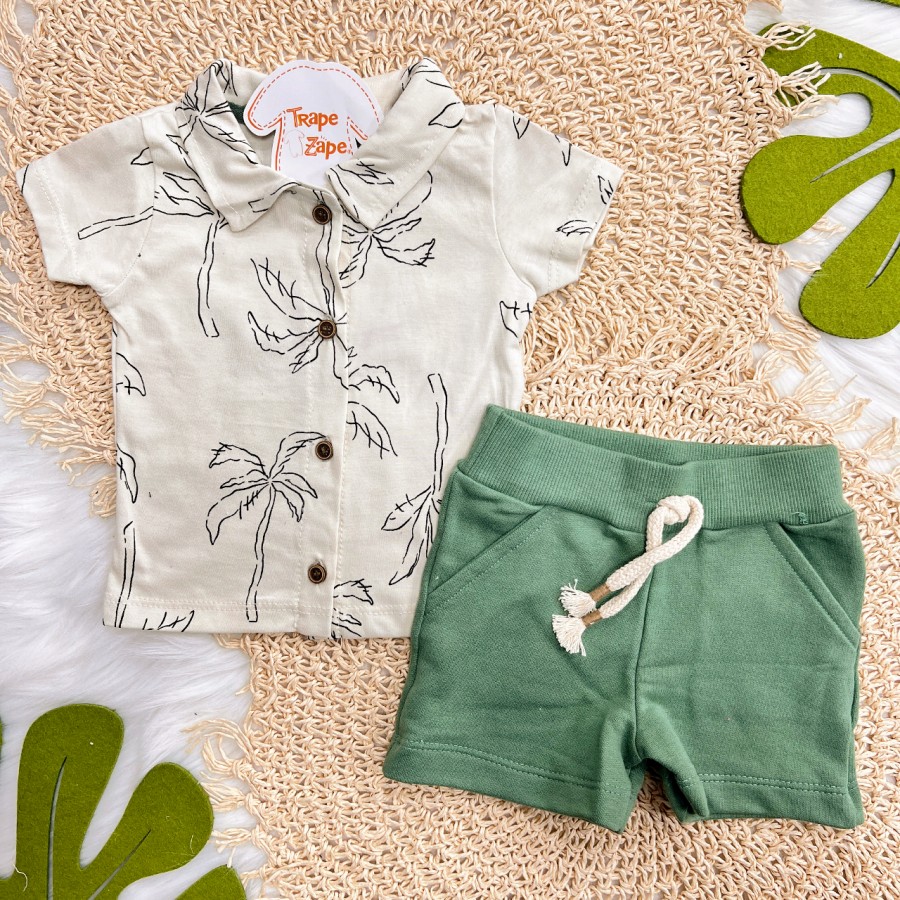 Conj. Camisa com Botões Coqueiros e Bermuda - Creme e Verde